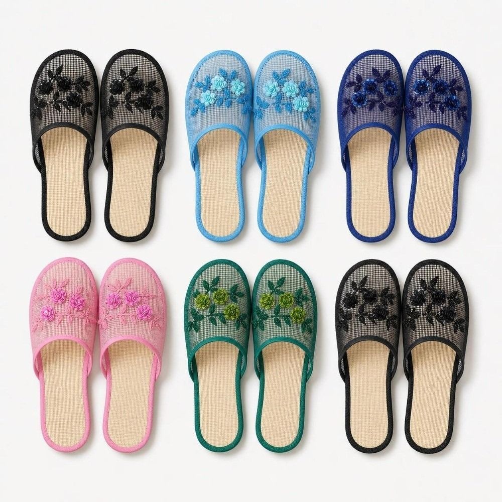 Mule Slip On - 캐주얼 플라워 자수 메쉬 샌들 부드러운