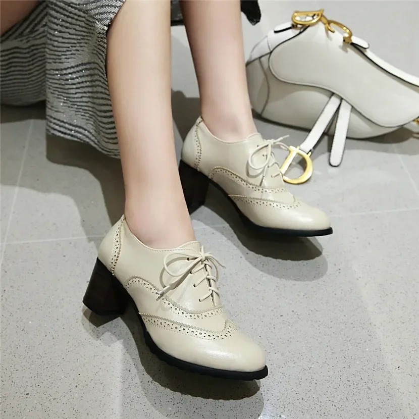 영국 여성용 옥스포드 하이 블록 힐 윙팁스 베이지 블랙 - Oxford Lace Up Women 리뷰 및 가격